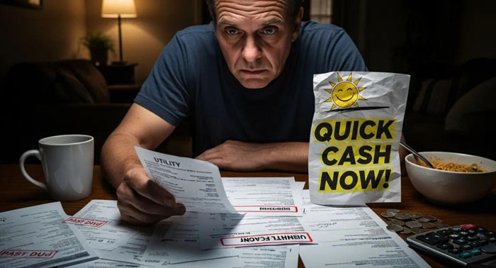 Individual looking at bills, representing emergencies covered by payday loans