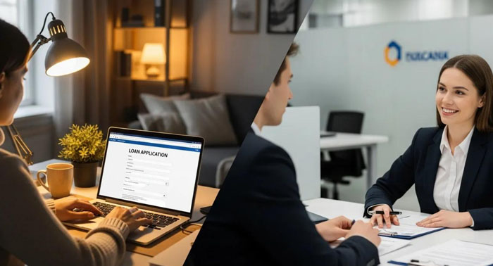 Side-by-side view of someone applying online at home and another person speaking with a lender in-store