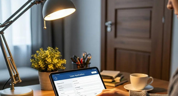 Person completing a loan application on a tablet in a secure home office