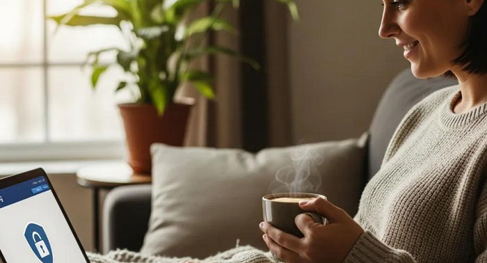 Person using a laptop in a cozy home — trusted online financial security