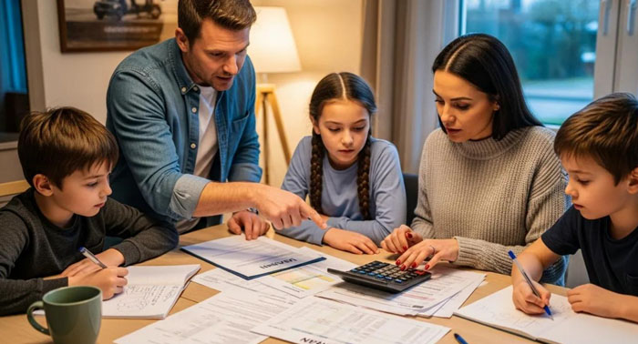 Family reviewing loan paperwork and a calculator to plan payments