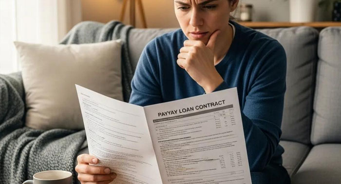 Person reviewing a payday loan contract to check for undisclosed fees