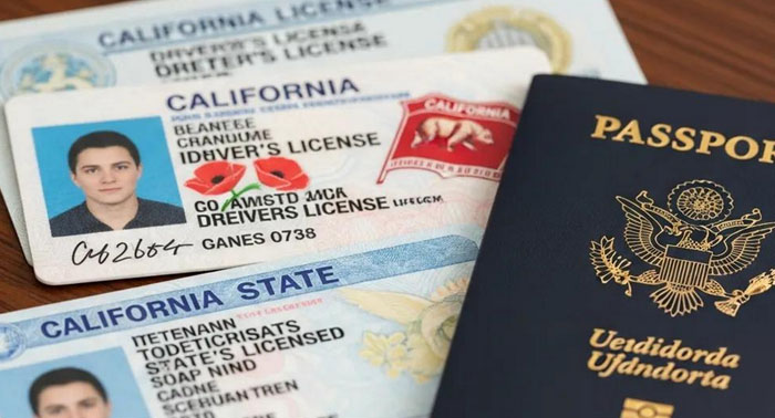 Close-up of a California driver's license, state ID, and U.S. passport used for ID verification