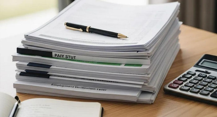 Stack of pay stubs and bank statements used for income verification during a payday loan application