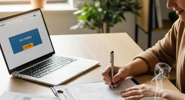 Person at a kitchen table reviewing loan options on a laptop, focused on practical money decisions