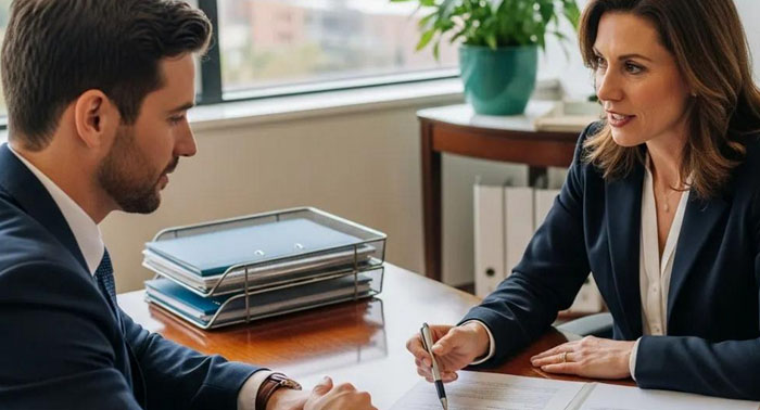 Two people discussing payday loan rules with a financial advisor