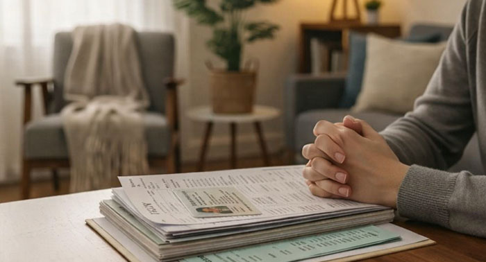 Person holding identification and pay stub for a payday loan application