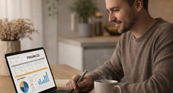 Person at a kitchen table reviewing bills on a laptop — accessible short‑term loans