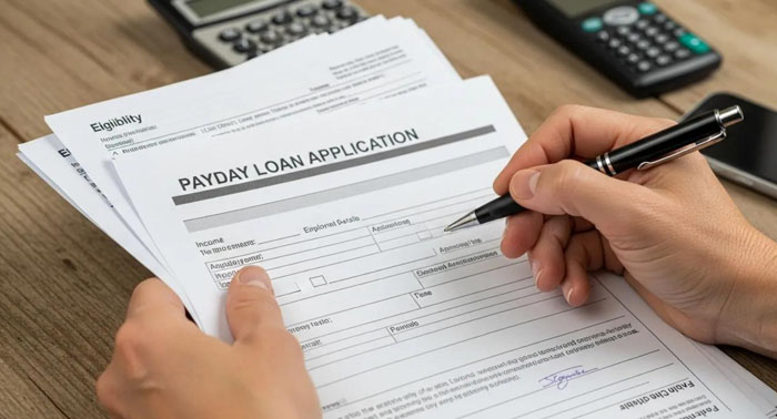 Close-up of hands holding payday loan eligibility documents on a table