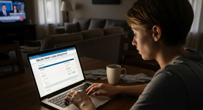 Person filling out an online payday loan application on a laptop at home