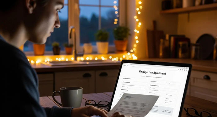 Cozy kitchen scene with a person reviewing payday loan documents on a laptop