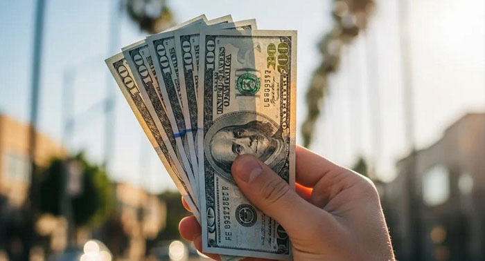 Hand holding a $300 bill in a sunny outdoor setting