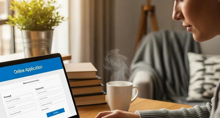 Person completing an online payday loan application at a home desk