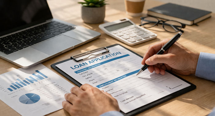Cozy kitchen scene with a person reviewing payday loan documents on a laptop
