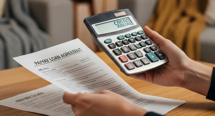 Hands using a calculator while reviewing a payday loan agreement