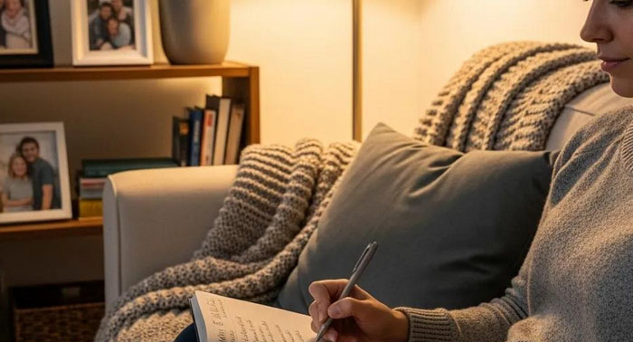 Person writing financial goals in a journal while sitting in a living room