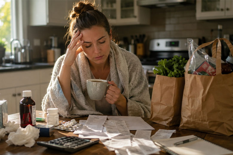 Woman recovering from a summer cold while reviewing medical bills and grocery receipts