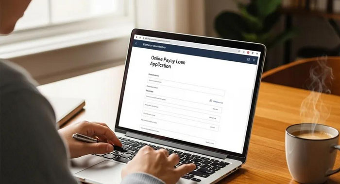Person completing a payday loan application on a laptop, showing the convenience of online applications