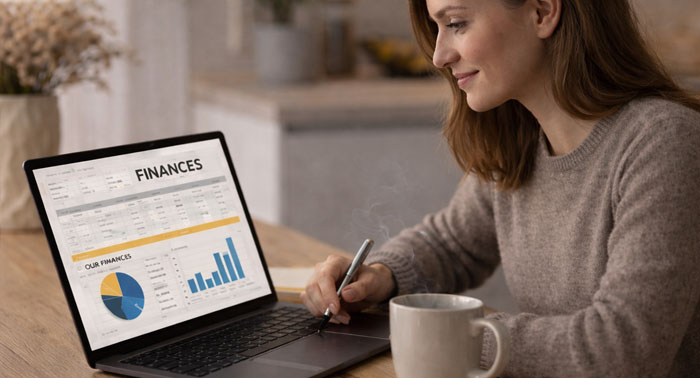 Cozy kitchen scene with a person reviewing payday loan documents on a laptop