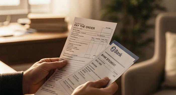 Hands holding a paycheck and bank statement for income verification