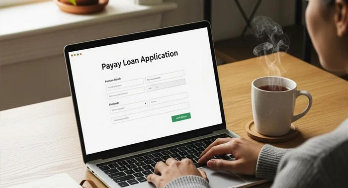 Person completing a payday loan application on a laptop at a desk