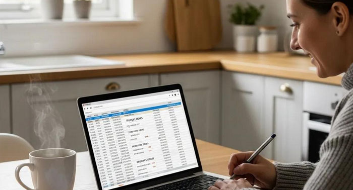 Person at a kitchen table reviewing bills on a laptop — accessible short‑term loans
