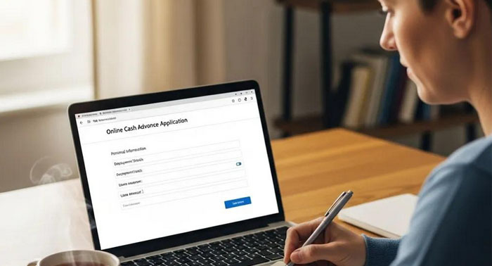 Someone completing an online cash advance form on a laptop