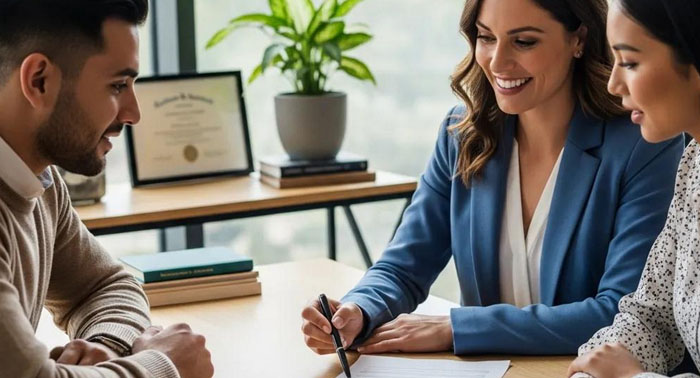 Financial advisor helping a couple identify trusted payday loan lenders