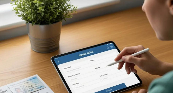 Person filling out a payday loan application on a tablet at a desk