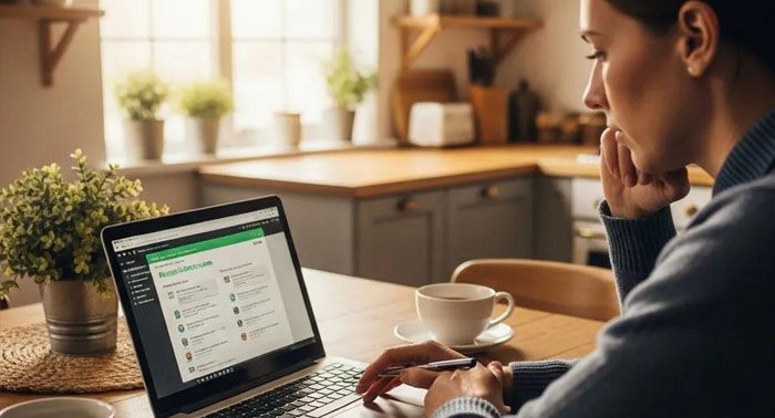 Person at a kitchen table reviewing bills on a laptop — accessible short‑term loans
