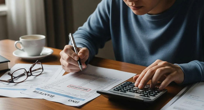 Person checking a bank statement with a calculator after a missed payment