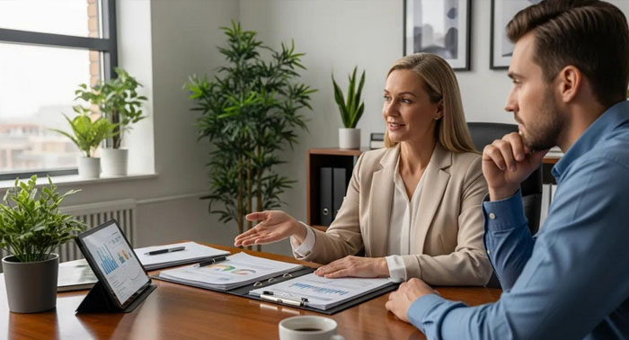 Advisor talking through debt relief choices with a client in an office