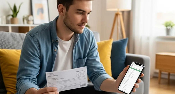 Person reviewing a paycheck and smartphone while considering loan options