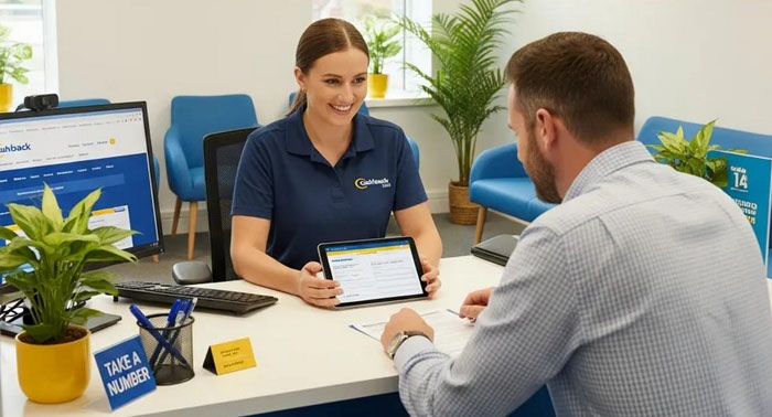 Cashback Loans representative assisting a customer in the office