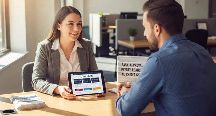 Two people discussing loan options, illustrating the accessibility of no‑credit‑check payday loans