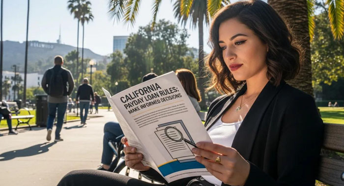 Person reading a brochure about payday loan rules in a Los Angeles park, highlighting informed decisions