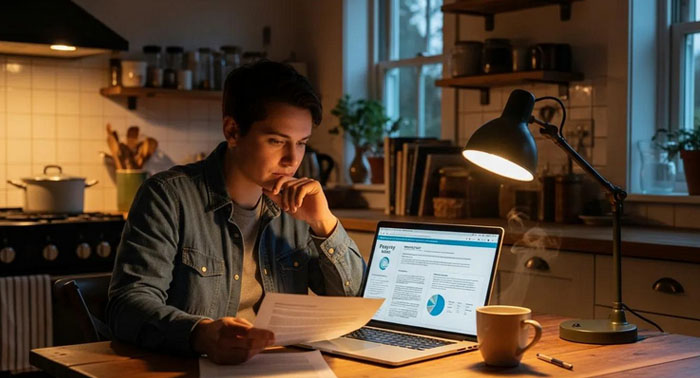 Cozy kitchen scene with a person reviewing payday loan documents on a laptop