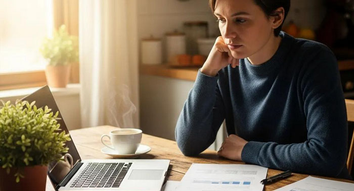 Person at a kitchen table reviewing bills with a laptop — representing payday loan options in Los Angeles