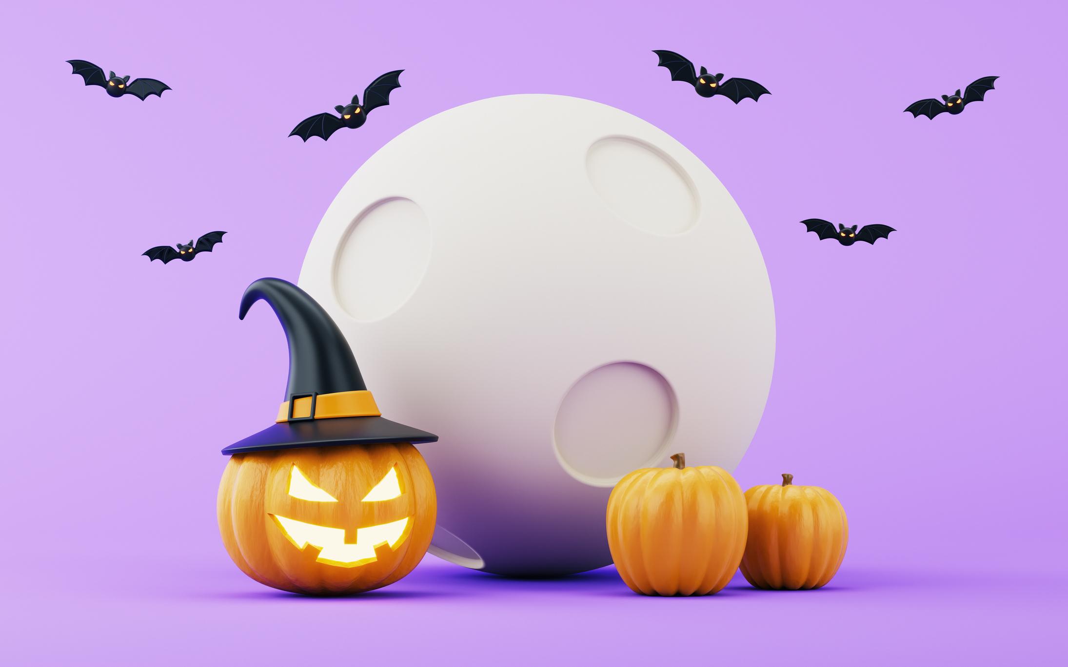 Festive pumpkin wearing a purple witch hat, with a glowing moon, bats and colorful candy
